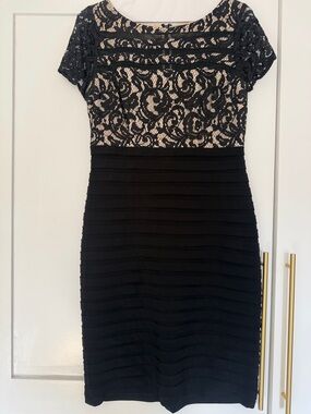 Adrianna Papell Black Lace Overlay Midi Dress with Cream Lining